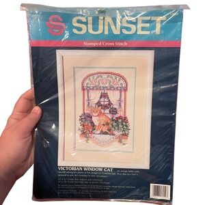 Vintage 1992 Sunset Stamped Cross Stitch Kit Victorian Window Cat 13050 Cat DIY